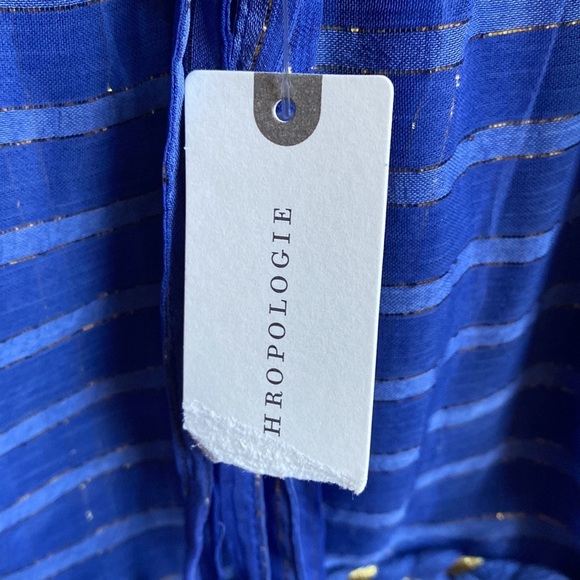 MISA Ambrosia Ruffle Hem Striped Midi Dress‎ Metallic Gold Royal Blue Tiered NEW - Picture 12 of 14